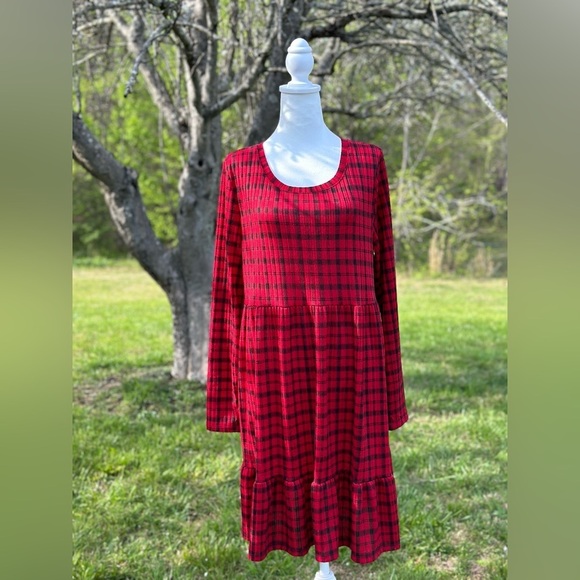 SO‎ Women's Buffalo Plaid Long Sleeve Tiered Mini Dress Size XXL Red & Black - Picture 1 of 6